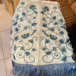 Vintage Embroidered Fringe Hem White Skirt with Blue Floral Detail and tank top